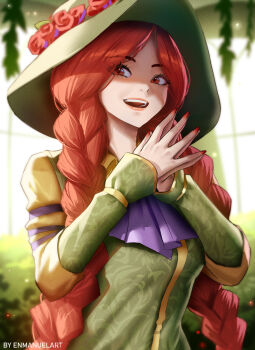 1girl artist_name ascot blurry blurry_background braid breasts commentary dress english_commentary enma_(enmanuelart) eyelashes eyes_visible_through_hair flower green_dress green_hat hands_up hat hat_flower highres hogwarts_legacy indoors light_particles lips long_hair looking_at_viewer medium_breasts mirabel_garlick nail_polish nose open_mouth palms_together purple_ascot red_eyes red_flower red_hair red_nails solo teeth twin_braids upper_body upper_teeth_only very_long_hair watermark wizarding_world