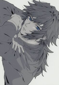 Rule 34 | 1boy, black hair, black jacket, buttons, commentary request, demon slayer uniform, gold buttons, hair between eyes, high collar, highres, jacket, kimetsu no yaiba, long hair, looking at viewer, low ponytail, male focus, parted lips, ponytail, sideways, simple background, sittte, solo, spiked hair, tomioka giyuu, upper body, white background