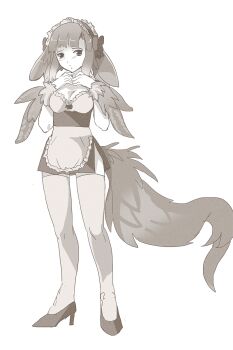 animal_ears apron bird_tail blorperoni dog_ears feather_hair_ornament feathers fluffy full_body hair_ornament highres kikimora_(monster_girl_encyclopedia) long_tail maid maid_apron maid_headdress monster_girl monster_girl_encyclopedia nennanennanennas non-web_source tail