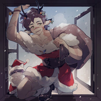 1boy animal animification antlers bag brown_corset brown_hair cat christmas clothed_animal commentary corset crossdressing crossdressing_(mtf) dress english_commentary fur-trimmed_dress fur_trim goodtimeswithscar green_eyes hair_ornament hat holding holding_bag holly_hair_ornament horns jellie_(hermitcraft) luminous_slime male_focus mc_championship minecraft_youtube official_alternate_costume open_mouth pointy_ears red_dress santa_costume santa_dress santa_hat scar short_hair smile solo window