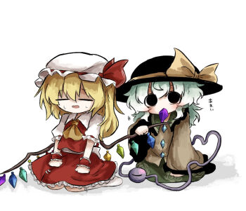 2girls ascot black_eyes black_hat blonde_hair blush clenched_hands closed_eyes collared_shirt crystal empty_eyes flandre_scarlet floral_print frilled_shirt_collar frilled_skirt frilled_sleeves frills green_hair green_skirt hat hat_ribbon heart heart_of_string heripantomorrow komeiji_koishi long_sleeves medium_hair mob_cap motion_lines multiple_girls open_mouth puffy_short_sleeves puffy_sleeves red_ribbon red_skirt red_vest ribbon ribbon-trimmed_sleeves ribbon_trim rose_print shirt short_sleeves side_ponytail sidelocks simple_background sitting skirt skirt_set sweat tasting third_eye touhou translated vest wariza white_background white_hat white_shirt wide_sleeves wings wrist_cuffs yellow_ascot yellow_ribbon yellow_shirt