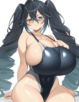 1girl absurdres bachumaro_xo black_hair blush breasts commentary_request competition_swimsuit curvy drill_hair gradient_hair grey_eyes highleg highleg_one-piece_swimsuit highres huge_breasts long_hair looking_at_viewer morrua_(bachumaro) multicolored_hair one-piece_swimsuit original simple_background solo swimsuit white_background