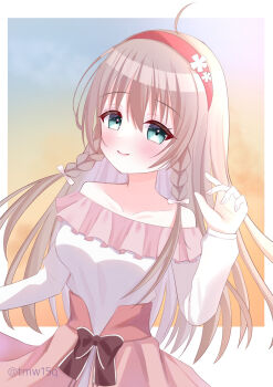 Rule 34 | 1girl, ahoge, bare shoulders, blue eyes, blush, border, bow, braid, breasts, brown bow, brown hair, closed mouth, collarbone, commentary request, cowboy shot, dress, dress bow, eyelashes, eyes visible through hair, floating hair, frilled dress, frills, hair between eyes, hair bow, hairband, hand up, highres, large breasts, long hair, long sleeves, looking at viewer, off-shoulder dress, off shoulder, official alternate costume, official alternate hairstyle, outdoors, outside border, pink skirt, red hairband, sanoba witch, shiiba tsumugi, skirt, smile, solo, split mouth, sunset, tmw15q, twin braids, very long hair, white border, white bow, white dress