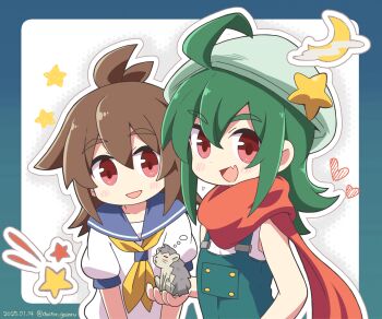 1boy 1girl :d ahoge animal antenna_hair beret blue_sailor_collar brown_hair crossed_bangs dokuta dokuta_(dokuta) flipped_hair green_hair green_hat green_overalls hair_between_eyes hair_flaps hat hat_ornament hedgehog highres holding holding_animal huge_ahoge karute_(dokuta) looking_at_viewer medium_hair neckerchief open_mouth original overalls puffy_short_sleeves puffy_sleeves red_eyes red_scarf sailor_collar scarf shirt short_sleeves smile star_(symbol) star_hat_ornament upper_body white_shirt yellow_neckerchief
