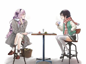 2girls absurdres black_hair blue_eyes coat commentary cup drill_hair english_commentary food hand_in_pocket highres holding holding_cup hololive hyakumantenbara_salome jacket long_hair long_sleeves macaron mori_nox multiple_girls nijisanji oozora_subaru open_mouth purple_eyes purple_hair scar short_hair sitting skirt stool table teacup thighhighs very_long_hair virtual_youtuber