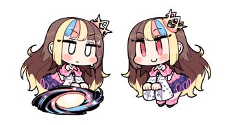 0_0 1girl bare_shoulders black_shoes blonde_hair blue_eyes blush_stickers border brown_hair chibi chibi_only closed_mouth commentary_request crown dress full_body galaco galaco_(white) highres ini_(inunabe00) jitome long_hair long_sleeves multicolored_hair multiple_views off-shoulder_dress off_shoulder outline outside_border pink_dress pink_socks red_eyes red_hair shoes sidelocks simple_background smile socks sweat transparent_background v-shaped_eyebrows vocaloid white_border white_outline wide_sleeves