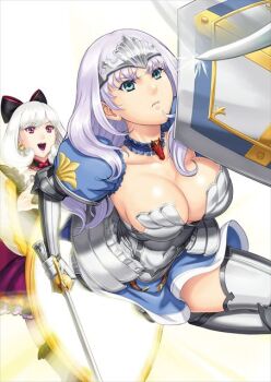 2girls annelotte annelotte_(queen&#039;s_blade) armor armored_dress blue_eyes breasts cleavage detached_collar dress eiwa gauntlets hair_ornament hair_ribbon juliet_sleeves knight_princess_annelotte large_breasts light_purple_hair long_hair long_sleeves magic_mirror multiple_girls open_mouth pleated_skirt puffy_sleeves purple_eyes queen&#039;s_blade queen&#039;s_blade_grimoire ribbon shield simple_background skirt smile snow_white_(queen&#039;s_blade) summon sword thighhighs tiara weapon white_hair
