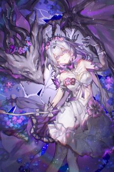 1girl asymmetrical_gloves bare_shoulders black_tiara breasts bug butterfly castorice_(honkai:_star_rail) chinese_commentary commentary_request dragon dress flower flower_ornament gloves hair_flower hair_ornament highres honkai:_star_rail honkai_(series) insect long_hair lying medium_breasts pollux_(honkai:_star_rail) on_back pantyhose pointy_ears purple_butterfly purple_eyes purple_gloves purple_hair seawave02974 tiara uneven_gloves white_dress white_pantyhose