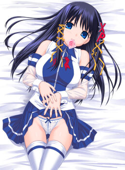 1girl black_hair blue_eyes blue_skirt blush bow bow_panties clothes_lift condom condom_in_mouth condom_wrapper crossed_legs detached_sleeves female_focus hair_ribbon lace lace-trimmed_panties lace_trim long_hair lying miniskirt mouth_hold on_back os-tan panties propositioning ribbon see-through_clothes shirt sitting skirt skirt_lift sleeve_cuffs sleeveless sleeveless_shirt solo takayaki thigh_gap thighhighs thighs tress_ribbon underwear upskirt white_thighhighs xp-tan