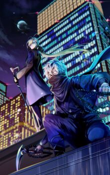 Rule 34 | 2boys, antenna hair, black coat, black gloves, black jacket, black pants, black scarf, blonde hair, blurry, bokeh, buddy mission bond, building, cane, chain, chesley (buddy mission bond), cloud, coat, depth of field, diffraction spikes, face jewel, feet out of frame, full moon, gloves, green eyes, grey hair, hair between eyes, hair over one eye, hair ribbon, highres, holding, holding cane, holding chain, holding sickle, jacket, japanese clothes, karasuneko1313, kusarigama, long hair, long sleeves, looking down, looking to the side, low ponytail, male focus, mokuma (buddy mission bond), moon, multiple boys, night, ninja, on one knee, pants, ponytail, purple eyes, ribbon, scarf, scarf over mouth, short hair, sickle, skyscraper, standing, weapon, wind, wrinkled skin