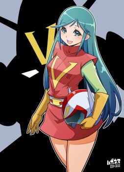 1girl aqua_eyes aqua_hair assault_visor blue_eyes blue_hair choudenji_robo_combattler_v combattler_v_(robot) cowboy_shot dress elbow_gloves fake_horns gloves green_sleeves haganemaru_kennosuke helmet holding holding_unworn_helmet horned_helmet horns long_hair long_sleeves looking_at_viewer mecha mecha_pilot_suit nanbara_chizuru open_mouth red_dress robot short_dress silhouette single_letter smile unworn_headwear unworn_helmet white_helmet yellow_gloves