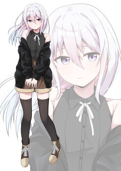 1girl absurdres bare_shoulders black_jacket black_thighhighs boots brown_boots brown_shorts cac_itinose closed_mouth collared_shirt commentary_request dress_shirt grey_shirt hair_between_eyes highres jacket long_hair long_sleeves neck_ribbon off_shoulder open_clothes open_jacket original puffy_long_sleeves puffy_sleeves purple_eyes ribbon shirt shorts simple_background sleeveless sleeveless_shirt sleeves_past_wrists solo thighhighs very_long_hair white_background white_hair white_ribbon zoom_layer