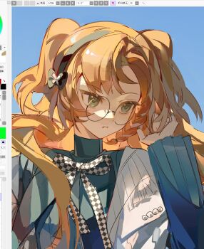 1girl adjusting_hair art_program_in_frame black_hairband blue_background blue_dress checkered_ribbon dress glasses green_eyes hairband hand_up highres jiao_qiang_bu_sha looking_to_the_side neck_ribbon official_alternate_costume orange_hair painttool_sai painttool_sai_(medium) parted_lips reverse:1999 ribbon round_eyewear solo sonetto_(emotion_in_tranquility)_(reverse:1999) sonetto_(reverse:1999) two_side_up upper_body