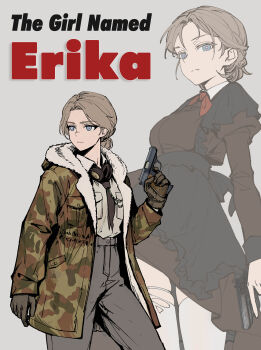 Rule 34 | 1girl, absurdres, alternate costume, black dress, black neckerchief, blonde hair, blue eyes, breast pocket, brown shoes, camouflage, camouflage jacket, clothes lift, commentary, dress, dress shirt, english commentary, erika (sebastian z), full body, fur-trimmed jacket, fur trim, garter belt, grey pants, gun, handgun, high-waist pants, highres, holding, holding gun, holding weapon, jacket, lifting own clothes, luka-12, military uniform, neckerchief, original, pants, pocket, red neckerchief, serious, shirt, shoes, skirt, skirt lift, thighhighs, torn clothes, torn thighhighs, weapon, weapon request, white background