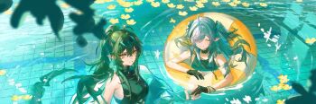 2girls ahoge aona_(ns) arknights bare_shoulders black_gloves closed_eyes flower gavial_(arknights) gavial_(summer)_(arknights) gloves green_hair grey_hair highres long_hair looking_at_viewer multiple_girls parted_lips partially_fingerless_gloves pointy_ears ponytail pool ripples short_twintails smile swim_ring swimsuit tomimi_(arknights) tomimi_(summer)_(arknights) twintails water yellow_eyes yellow_flower