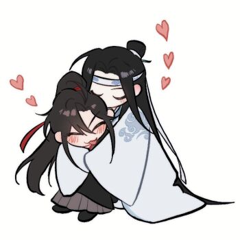 Rule 34 | 2boys, :3, ahoge, black boots, black hair, black hanfu, blush, boots, chibi, chibi only, chinese clothes, closed eyes, commentary request, couple, hair ribbon, hanfu, headband, heart, hug, hug from behind, korean commentary, lan wangji, long hair, long sleeves, male focus, modao zushi, multiple boys, open mouth, ponytail, rang jge, red ribbon, ribbon, robe, sidelocks, simple background, sleeves past fingers, sleeves past wrists, smile, topknot, wei wuxian, white background, white hanfu, white headband, wide sleeves, xiao guan (headdress), yaoi