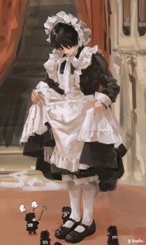 5boys apron black_dress black_eyes clothes_lift curtains dress dress_lift expressionless full_body giant highres indoors kim_dokja layered_dress looking_down maid maid_apron maid_headdress mini_person miniboy multiple_boys multiple_persona neck_ribbon omniscient_reader&#039;s_viewpoint painterly ribbon roventus sandals socks standing waving white_dress white_socks yoo_joonghyuk