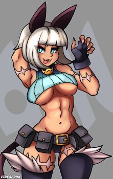 1girl 2021 abs absurdres animal_ears belt belt_pouch blonde_hair blue_eyes breasts brown_lips cat_ears cat_girl cat_tail ciderpunk claw_pose colored_eyelashes commentary dark-skinned_female dark_skin dynamic_pose english_commentary eyebrows_hidden_by_hair fangs fangs_out fingerless_gloves fingernails fur-trimmed_thighhighs fur_trim gloves highres huge_filesize long_fingernails looking_at_viewer medium_breasts ms._fortune_(skullgirls) navel panties pouch revealing_clothes scar sharp_teeth short_hair skullgirls solo tail teeth thick_thighs thighhighs thighs toned toned_female tongue tongue_out underboob underwear utility_belt very_short_hair white_hair