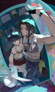 1boy 1girl aqua_nails arm_around_waist armband backpack bag balenciaga bare_shoulders belt black_bra black_hair black_nails black_pantyhose bra breasts brown_hair cellphone character_doll choker commentary condom condom_packet_strip condom_wrapper crop_top doll earrings eren_yeager eyebrow_piercing face_piercing fingerless_gloves fingernails flip_phone fluttershy gloves grey_belt grey_eyes hair_ornament hashtag-only_commentary highres holding holding_phone jewelry locker long_fingernails long_hair medium_breasts midriff mikasa_ackerman multiple_earrings pantyhose parted_bangs phone piercing pink_nails plaid_clothes plaid_skirt red_choker red_skirt rogue_titan rourourou01 shingeki_no_kyojin shirt short_twintails sidelocks skirt spaghetti_strap spiked_choker spikes titan_(shingeki_no_kyojin) twintails two-tone_fur underwear x_hair_ornament yellow_shirt