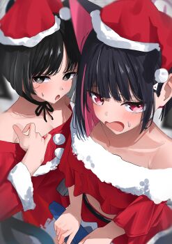 2girls :o absurdres alternate_costume animal_ears black_hair black_ribbon blue_archive blush cat_ears collarbone colored_inner_hair commentary_request cropped_shirt dress extra_ears fur-trimmed_dress fur-trimmed_shirt fur_trim halo hat highres kazu_(kauk3753) kazusa_(blue_archive) kikyou_(blue_archive) looking_at_viewer midriff multicolored_hair multiple_girls navel neck_ribbon off-shoulder_shirt off_shoulder pink_hair pov red_dress red_shirt red_skirt ribbon santa_costume santa_hat shirt short_hair skirt sweatdrop two-tone_hair