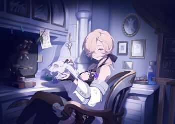 1girl animal_skull bare_shoulders black_dress black_thighhighs blonde_hair braid braided_bangs breasts chair cleavage coronis_(stella_sora) drawing_(object) dress feet_out_of_frame game_cg hair_over_one_eye highres holding holding_skull indoors large_breasts looking_at_viewer microscope non-web_source official_art on_chair one_eye_covered open_mouth purple_eyes scissors short_dress sitting skull solo stella_sora syringe test_tube_holster thighhighs