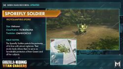 3d animated audible_music bone bug bush character_name character_profile cliff concept_art cross_promotion crossover day dirt english_text giant giant_monster godzilla_(series) godzilla_x_kong:_the_new_empire godzilla_x_kong:_titan_chasers highres hunted_cow_studios jungle kaiju king_kong_(series) legendary_pictures monster monsterverse nature no_humans official_art outdoors plant promotional_art skull sound sporefly sporefly_soldier tie-in tilting_point_llc video video_game wings