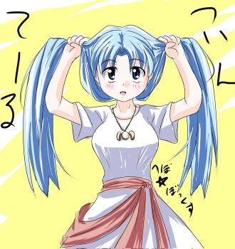 1girl alternate_hairstyle arms_up artist_name blue_eyes blue_hair breasts bunching_hair feena_(ys) hebobox highres holding holding_own_hair japanese_text large_breasts legs long_hair open_mouth playing_with_own_hair smile solo thighs tongue translation_request twintails ys