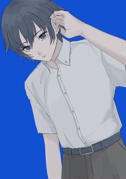 1girl adjusting_hair androgynous belt blue_background buttons collared_shirt commentary eyelashes grey_pants high_contrast highres looking_at_viewer pants persona persona_4 reverse_trap shirogane_naoto shirt short_hair simple_background solo usa_(kawaii_152cm)