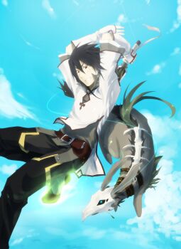 1boy arms_up behind_another belt black_hair black_pants black_sclera blue_sky bone brown_belt clenched_teeth cloud cloudy_sky colored_sclera commentary dappled_sunlight dragon facing_to_the_side flying gloves grey_shirt grey_tunic gurast highres holding holding_weapon looking_down magic male_focus mask medium_hair midair original outdoors pants popped_collar red_eyes shirt shirt_under_shirt skull skull_mask sky sunlight swinging_weapon teeth tunic undead weapon white_gloves white_shirt white_tunic