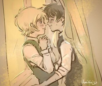 2boys alternate_sleeve_length antenna_hair artist_name basil_(faraway)_(omori) basil_(omori) black_hair black_sweater_vest blonde_hair blue_eyes blush closed_eyes closed_mouth collared_shirt curtains freckles from_side green_sweater_vest male_focus multiple_boys omori open_mouth shirt smile sunny_(omori) sweater_vest umilini2 white_shirt window yaoi