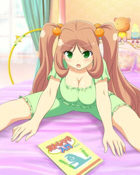 1girl :o beads bedroom book border breasts brown_hair cleavage curtains day english_text game_cg green_pajamas green_shirt green_shorts hair_beads hair_ornament indoors large_breasts leaning_forward long_hair looking_at_viewer official_alternate_costume official_art on_bed pajamas senran_kagura senran_kagura_new_wave shiny_skin shirt shorts solo spread_legs stretching stuffed_toy tamaki_(senran_kagura) twintails window