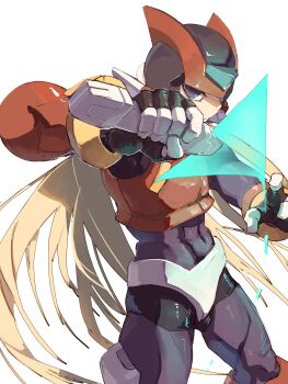 Rule 34 | 1boy, absurdres, armor, black eyes, blonde hair, commentary request, cowboy shot, energy sword, forehead jewel, helmet, highres, holding, holding sword, holding weapon, long hair, male focus, mega man (series), mega man zero (series), omochi (mochi skymega), red armor, red helmet, simple background, solo, sword, weapon, white background, z saber, zero(z) (mega man), zero (mega man)