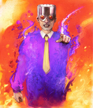 1boy arm_at_side burning byte_(grunty-hag1) cleft_chin collared_shirt commentary_request cowboy_shot facial_hair fire flaming_clothes formal_clothes goggles helmet lips looking_at_viewer major_psychic_psycho mother_(series) mother_2 necktie nintendo pants partial_commentary pointing pointing_at_viewer purple_pants purple_suit shirt solo stubble suit teeth yellow_necktie