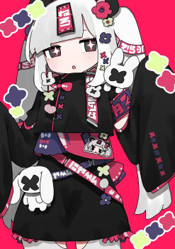 +_+ 1girl :o absurdres armband belt black_dress black_eyes black_outline blue_flower blunt_bangs bun_cover commentary_request dress expressionless flower hair_flower hair_ornament hairpin highres long_hair long_sleeves multiple_belts multiple_hairpins nukunuku_nigirimeshi ofuda ofuda_on_head original outline pale_skin pink_background pink_flower purple_armband rabbit_hair_ornament sleeves_past_fingers sleeves_past_wrists solo stuffed_animal stuffed_rabbit stuffed_toy twintails white_hair white_outline wide_sleeves x_(symbol) yellow_flower