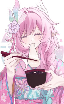 0ninj1n 1girl alternate_costume aqua_hair chopsticks commentary commentary_request cyrene_(demiurge)_(honkai:_star_rail) cyrene_(honkai:_star_rail) english_commentary flower food food_in_mouth hair_flower hair_ornament highres holding holding_chopsticks honkai:_star_rail honkai_(series) japanese_clothes kimono long_hair mixed-language_commentary multicolored_hair pink_hair pink_kimono pointy_ears simple_background solo very_long_hair white_background white_hair