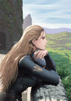 1girl against_wall black_shirt blonde_hair breasts closed_mouth cloud cloudy_sky commentary day defensive_wall emblem expressionless fingernails from_side highres jn3 large_breasts long_hair long_sleeves looking_ahead original outdoors profile red_lips shirt signature sky solo standing taut_clothes taut_shirt