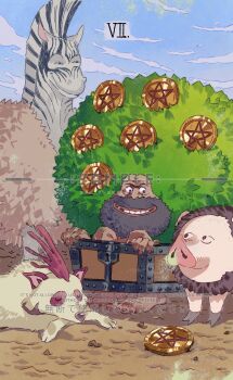 Rule 34 | 1boy, animal, beard, cocox, coin, commentary, facial hair, gaimon (one piece), highres, lionbuta, long beard, one piece, pig, roman numeral, sample watermark, siyangou49, smile, watermark