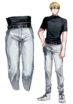 Rule 34 | 1boy, alternate costume, belt, black belt, black hair, black shirt, blonde hair, colored tips, commentary request, hair between eyes, hand in pocket, highres, jujutsu kaisen, male focus, multicolored hair, multiple views, pants, shirt, shirt tucked in, short hair, simple background, streaked hair, two-tone hair, white background, white pants, xingkon818, zen'in naoya