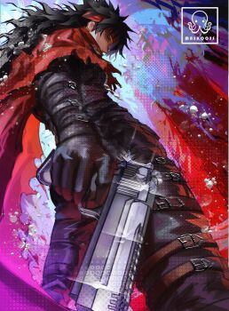 1boy belt black_gloves black_hair black_pants cape clawed_gauntlets cloak final_fantasy final_fantasy_vii final_fantasy_vii_rebirth final_fantasy_vii_remake gauntlets gloves hair_between_eyes headband highres holding jacket long_hair male_focus maskoo185826 multiple_belts pants pointed_footwear prosthetic_weapon red_cape red_cloak red_eyes red_headband short_hair single_gauntlet solo spiked_hair torn_cloak torn_clothes turks_(ff7) vincent_valentine weapon