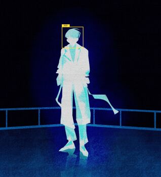 1boy coat collared_shirt commentary contrapposto english_commentary faceless facial_recognition facing_viewer full_body hands_in_pockets highres kdj143637 kim_dokja male_focus night omniscient_reader's_viewpoint overexposure popped_collar railing reflection shirt short_hair solo standing white_hair