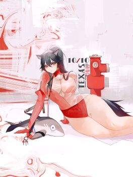 1girl absurdres alternate_costume animal_ear_fluff animal_ears arknights arm_support bandaid bandaid_on_leg bandaid_on_thigh black_hair black_tail breasts character_name cleavage closed_mouth commentary covered_navel english_commentary feet_out_of_frame fire_hydrant gloves hair_between_eyes highres large_breasts long_hair long_sleeves looking_at_viewer multicolored_eyes purple_eyes red_gloves see-through_clothes solo stuffed_animal stuffed_toy tail texas_(arknights) two-tone_eyes wolf_ears wolf_girl wolf_tail yellow_eyes yuki_flourish zipper_pull_tab