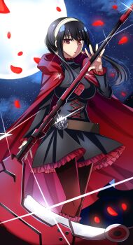 1girl black_dress black_hair black_pantyhose breasts cape cloak corset cosplay crescent_rose dress earrings frilled_dress frills full_moon gold_earrings gradient_legwear hairband hayami_saori highres hood hood_down hooded_cloak jewelry large_breasts long_sleeves maroonabyss moon night pantyhose petals red_cape red_eyes red_hair red_pantyhose rose_petals ruby_rose ruby_rose_(cosplay) rwby scythe short_dress short_hair short_hair_with_long_locks sidelocks sky solo spy_x_family standing star_(sky) starry_sky voice_actor_connection white_hairband yor_briar