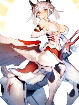 1girl 2026 animal_ears bare_shoulders breasts centaur chinese_zodiac cleavage covered_erect_nipples fumio_(rsqkr) highres horse_ears horse_tail large_breasts long_hair looking_at_viewer multiple_legs narrow_waist navel new_year original simple_background solo tail taur thick_thighs thighs white_background wide_hips year_of_the_horse