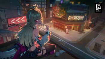 Rule 34 | 1girl, absurdres, ahoge, artist request, black skirt, black thighhighs, blonde hair, blush, bow, cissia (zenless zone zero), commentary, detached sleeves, english commentary, fangs, hair between eyes, highres, holding, holding spoon, long hair, looking at viewer, looking back, miniskirt, nail polish, night, official art, outdoors, pink nails, power lines, red eyes, rooftop, sign, skirt, snake tail, solo, spoon, stool, tail, thigh strap, thighhighs, utility pole, zenless zone zero