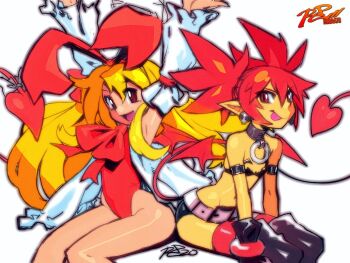 2girls armpits arms_up bat_wings belt bikini bikini_top_only black_bikini black_boots black_collar black_gloves black_shorts blonde_hair boots bow bracelet choker collar commentary demon_girl demon_tail demon_wings disgaea disgaea_d2 earrings english_commentary etna_(disgaea) fallen_angel feet_out_of_frame flat_chest flonne flonne_(fallen_angel) full_body gloves invisible_chair jewelry leotard long_hair looking_at_viewer micro_shorts mini_wings multiple_girls navel o-ring o-ring_choker o-ring_collar open_mouth pointy_ears red_eyes red_hair red_leotard red_tail red_wings robaato shorts sitting skull_earrings smile strapless strapless_bikini swimsuit tail tail_bow tail_ornament thighhighs tongue tongue_out twintails white_belt wings