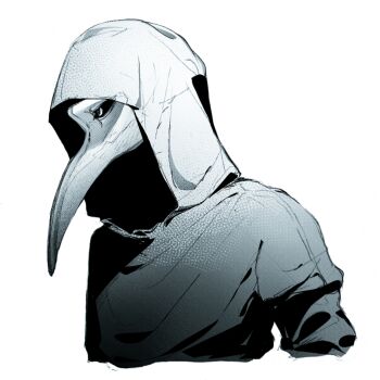 1boy camille407 chinese_commentary commentary_request greyscale hood hood_up long_sleeves male_focus monochrome plague_doctor plague_doctor_mask scp-049 scp_foundation simple_background solo tagme white_background