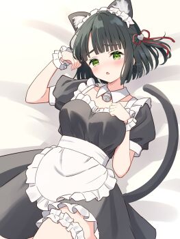 1girl absurdres alternate_costume animal_ears apron bell black_dress black_hair blunt_bangs blunt_ends bob_cut breasts cat_ears cat_tail collarbone commentary_request cowboy_shot detached_collar dress embarrassed enmaided frilled_apron frilled_dress frilled_thigh_strap frills green_eyes hair_ornament hanazora_satsuki heart heart_hair_ornament highres kemonomimi_mode large_breasts link!_like!_love_live! looking_at_viewer love_live! lying maid maid_headdress momose_ginko neck_bell on_back on_bed paw_pose puffy_short_sleeves puffy_sleeves raised_inner_eyebrows short_dress short_hair short_sleeves solo tail thigh_strap virtual_youtuber waist_apron white_apron