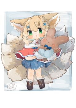 1girl absurdres alternate_costume animal_ears arknights blonde_hair blue_skirt boots capelet fox_ears fox_girl fox_tail full_body fur-trimmed_capelet fur_trim green_eyes hair_ornament highres kitsune mokoo_rokoo multiple_tails red_capelet skirt solo stuffed_animal stuffed_toy suzuran_(arknights) tail