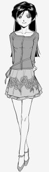 1girl arms_behind_back breasts collarbone floral_print floral_print_skirt full_body greyscale grin high_heels highres idolmaster idolmaster_(classic) kisaragi_chihaya long_hair long_sleeves looking_at_viewer monochrome print_skirt roivas shirt simple_background skirt small_breasts smile solo standing white_background