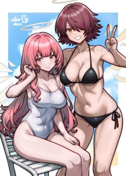2girls absurdres alternate_breast_size_(larger) angel arknights artist_name bikini black_bikini black_vs_white blue_sky border breasts chair cleavage commentary commission covered_navel detached_wings english_commentary exusiai_(arknights) female_focus halo highres large_breasts lemuen_(arknights) long_hair looking_at_viewer multiple_girls navel on_chair one-piece_swimsuit orange_eyes pink_eyes pink_hair red_hair rotomdocs short_hair siblings side-tie_bikini_bottom sisters sitting sky smile stomach swimsuit thighs underboob v very_long_hair white_border white_one-piece_swimsuit wings